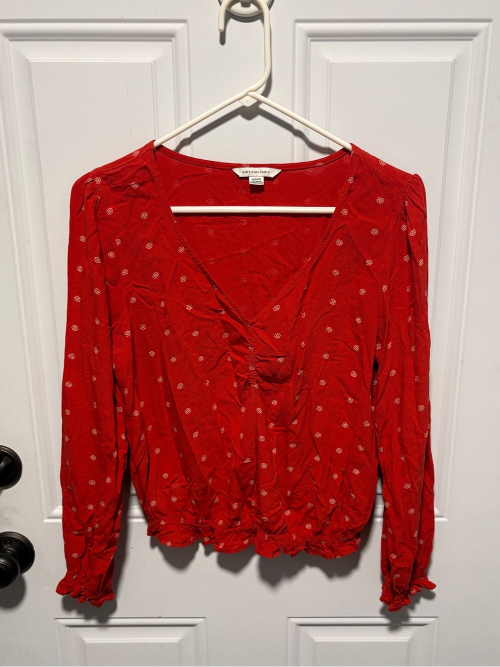 American Eagle Outfitters Red V-Neck Long Sleeve Blouse with Dot Print